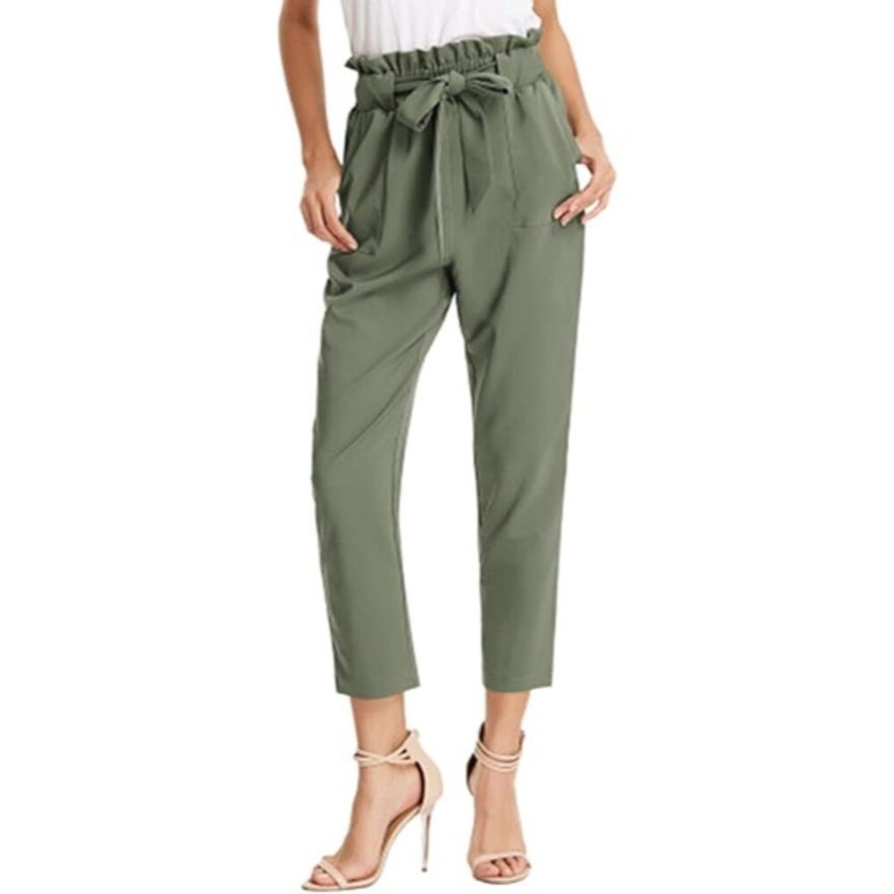 Grace Karin Womens Paperbag High-Waist Pants w Tie Belt Green Sz XS